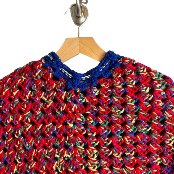 Handmade Vintage Poncho Kids Poncho Cape Drawstring Pom Pom Heavyweight Shawl - Picture 9 of 11